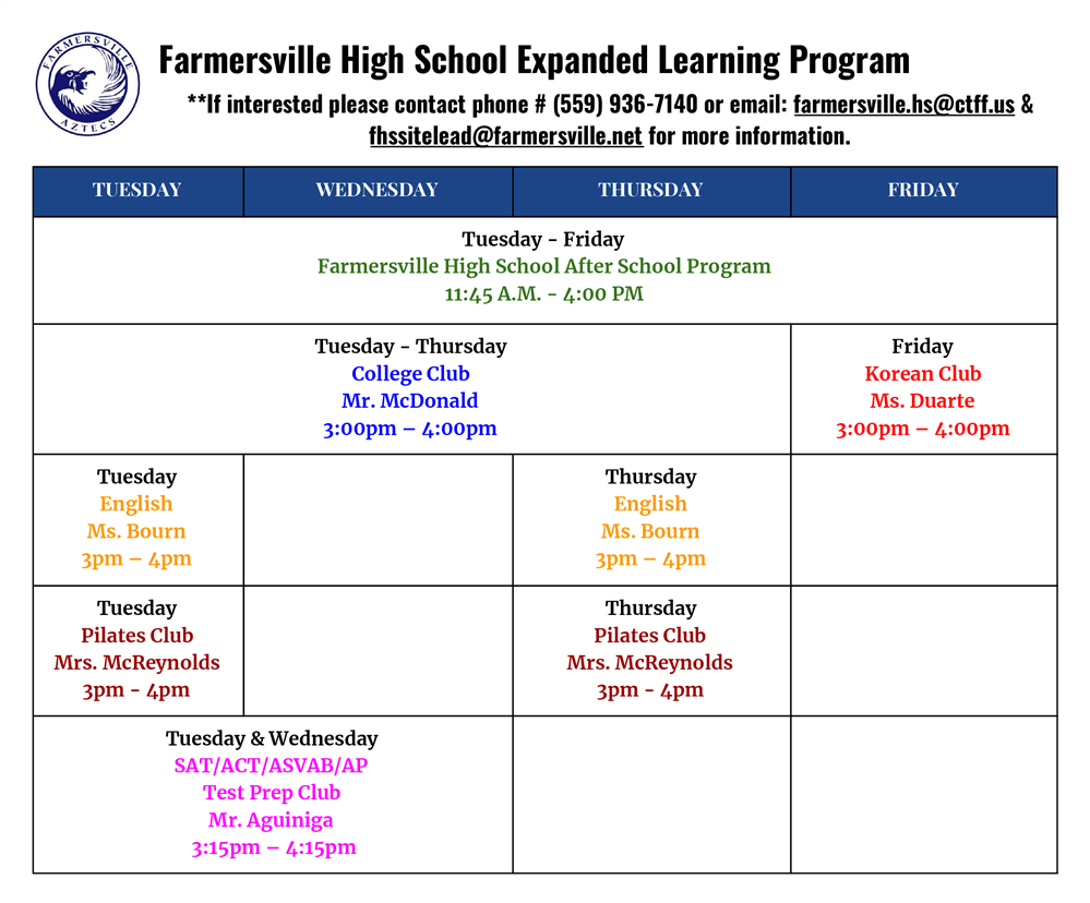 After School Program/Expanded Learning Calendar 